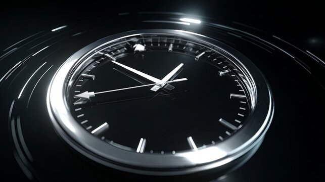 Detailed close up perspective of a modern analog timepiece rotating in darkness