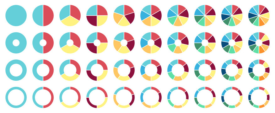 Circle pie chart icons set in different style and color. Process cycle. Pie charts diagrams. 1, 2, 3, 4, 5, 6 ,7, 8, 9, 10 sections or steps. Vector illustration on white background.