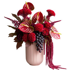 Naklejka premium Elegant red anthurium and rose floral arrangement in a textured vase isolated on transparent background