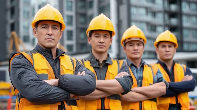 Construction Crew in Focus: A determined construction crew stands united, embodying the spirit of teamwork and precision against a backdrop of ongoing development.