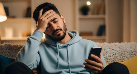 Stressed Young Man Facing Challenges: Digital Age Anxiety and Information Overload Leading to Burnout and Frustration in Modern Work Life and Personal Connections