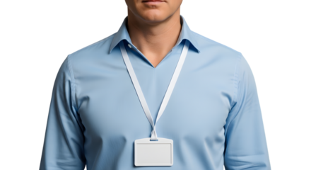 Man Wearing Blue Collared Shirt with White Lanyard and Blank ID Badge graphic design isolated on a transparent background
