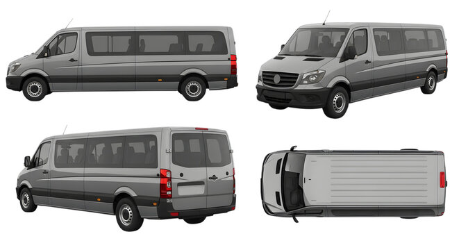 Gray Passenger Van Multiple Views Isolated on Black Background minibus shuttle bus isolated on a transparent background