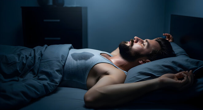 Man in distress sleeping in dark bedroom suffering from night sweat is a medical condition that can be caused by many factors including stress or anxiety health issuse