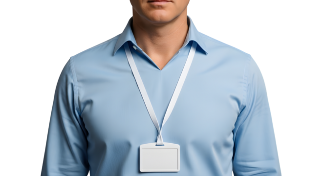 Man Wearing Blue Collared Shirt with White Lanyard and Blank ID Badge graphic design isolated on a transparent background