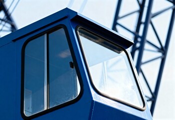 A close-up detail of a modern blue crane operator's cabin. Industrial heavy machinery for construction and engineering