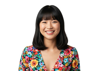 Smiling asian woman in floral dress isolated on transparent background