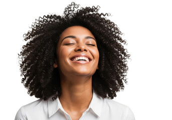 Smiling woman with curly hair isolated on transparent background