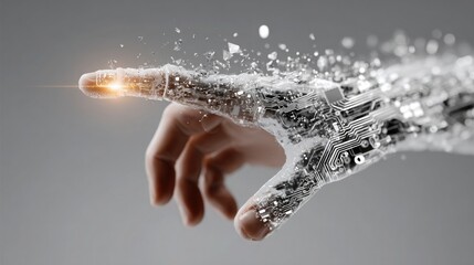 Abstract vector sketch of a human hand touching a holographic interface with circuit icons emerging. White background gives futuristic clarity.