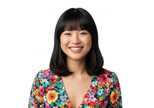 Smiling asian woman in floral dress isolated on transparent background