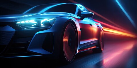 Sleek blue sports car, neon streaks, dynamic speed effect. Futuristic automotive design