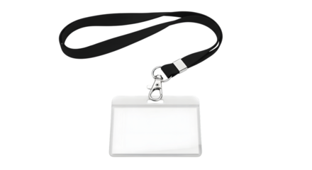 White ID Badge Holder with Black Lanyard and Silver Clasp on Black Background ID card neck strap isolated on a transparent background