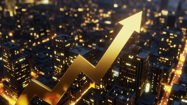Aerial view of a cityscape at night with a large gold arrow graph rising upward over buildings with many lit windows.