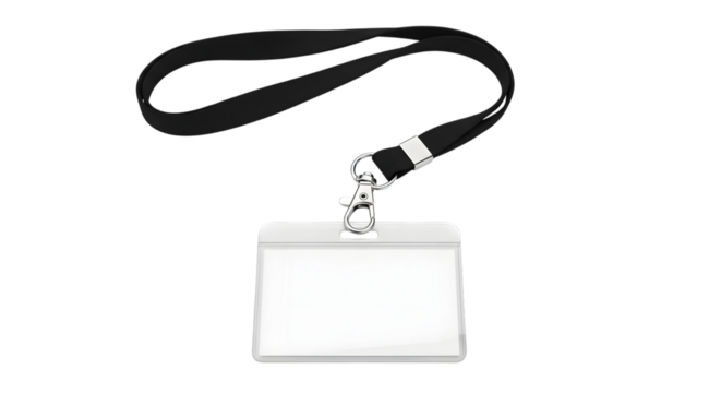 White ID Badge Holder with Black Lanyard and Silver Clasp on Black Background ID card neck strap isolated on a transparent background - Powered by Adobe