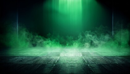 dark studio floor green lights smoky background product display
