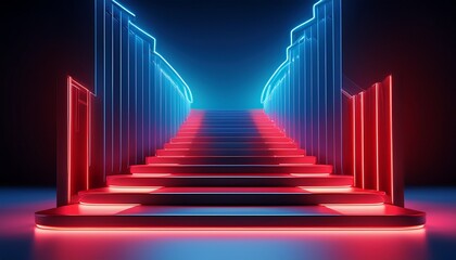 vibrant 3d rendered neon staircase on dark background creative abstract commercial design with glowing red and blue color scheme futuristic concept for advertising