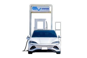Modern electric vehicle charging at EV station isolated on transparent background, symbolizing clean energy, green technology, and eco-friendly transportation for a sustainable future. PNG