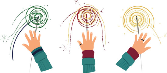 Three hands interacting with abstract swirling particle trails.