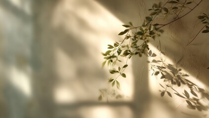 Obraz premium Sunlight casting plant shadows on a beige wall. Soft, natural light and serene feel