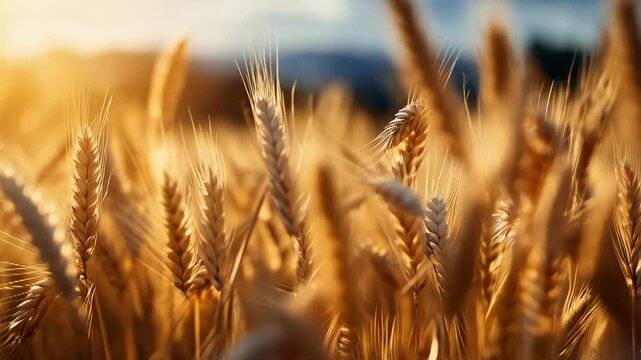 Golden Wheat Field at Sunset. A close-up, sun-drenched view of a wheat field during sunset. The stalks of wheat are golden brown and mature, with feathery awns extending from the grain heads.