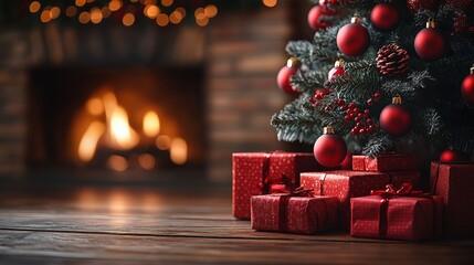 Red Gift Boxes Under Christmas Tree and Fireplace, Festive Home Scene, Design Material for Christmas Promotion and Festive Atmosphere