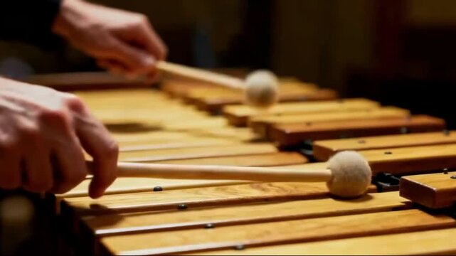 Close-up of Hands Playing a Wooden Marimba. A close-up shot focusing on a pair of hands playing a marimba. The wooden bars of the instrument are a warm, polished brown, arranged in rows. 