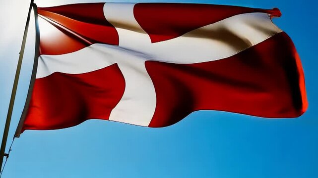 The Danish Flag Waving in a Bright Blue Sky with Sunburst