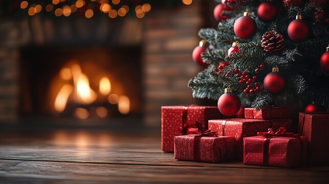 Red Gift Boxes Under Christmas Tree and Fireplace, Festive Home Scene, Design Material for Christmas Promotion and Festive Atmosphere
