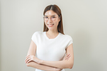 Portrait of beautiful asian young woman happy wearing glasses and smiling, cute girl with new...