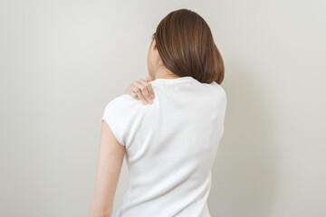 Pain body muscles stiff problem, asian young woman, girl painful with back, neck ache from work...
