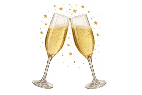 Two champagne flutes clinking in a celebratory toast, sparkling wine and golden confetti flying, transparent background