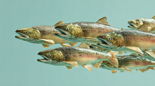 Group of anadromous fish swim closely together against a light blue background