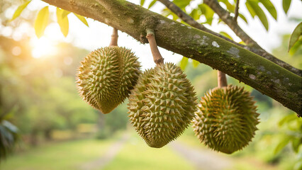 Durian hanging on tree in garden, Durian tree in natural warm sunlight background
