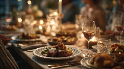 Elegant dinner table setting with steak wine and candlelight ambiance