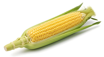Fresh Corn on the Cob Isolated on White Studio Background Summer Harvest Ingredient Vegetarian Vegan Diet Nutrition Sweetcorn Maize Golden Yellow Kernels Food Photography