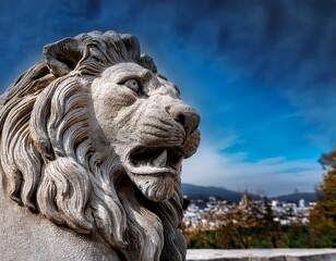 Naklejka premium close up view of a detailed stone lion sculpture with an aggressive expression