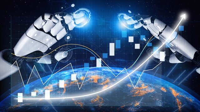 This image showcases futuristic robotic hands interacting with data analytics over a digital Earth, symbolizing the intersection of technology and data-driven decision-making. Copula - Powered by Adobe