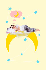 Sketch pop trend collage of happy dreamy girl lay moon pillow night slumber stars sky wear pajamas...