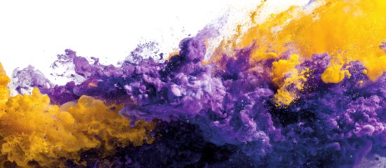 Explosion of purple and yellow ink in water isolated on transparent background