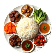 A photograph of a variety of cooked foods with rice, including savory meats