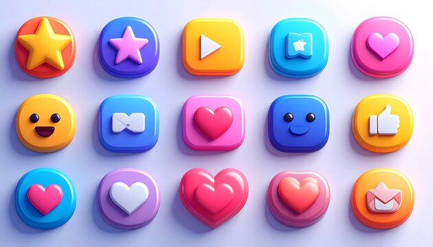 Colorful, rounded icons, including stars, hearts, smileys, and social symbols arranged on a surface - Powered by Adobe