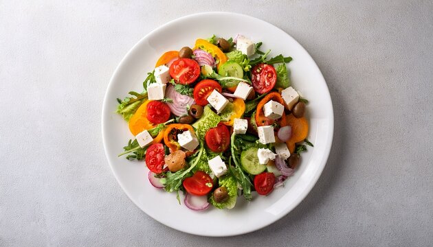 salad with cruton fresh vegetables and feta cheese on white plate on a light background top view