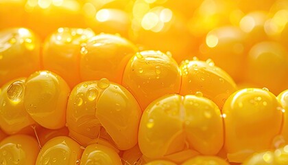 Close up of bright yellow corn kernels glistening with water droplets under warm sunlight creating a natural abstract pattern