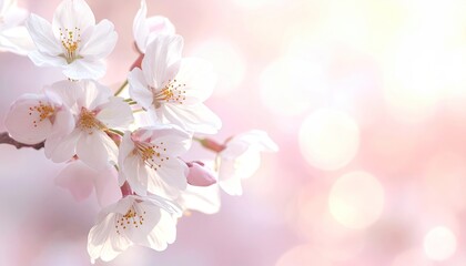 Close up of delicate white cherry blossoms with pink bokeh background and soft sunlight in spring