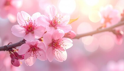 Close-up of delicate pink cherry blossoms illuminated by warm golden hour sunlight with soft bokeh background