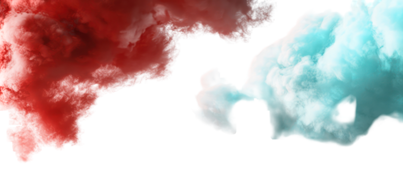 Red and cyan dreamy clouds overhead side by side with soft shadows on transparent background