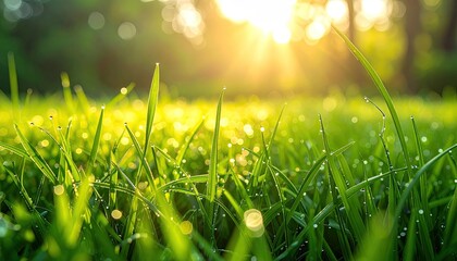 Close Up Of Dew Drops On Blades Of Green Grass In The Sunlight