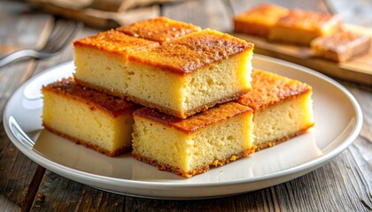 Close up of delicious golden brown honey cake cut into squares stacked on a white plate with a rustic wooden background and soft lighting