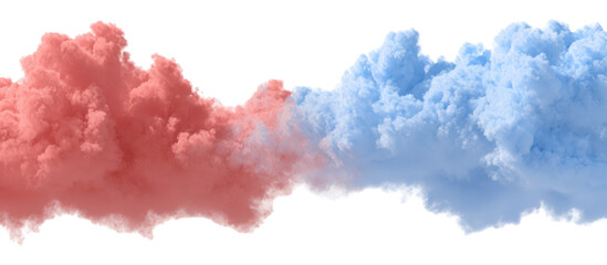 Two opposing clouds of colored powder colliding isolated on transparent background