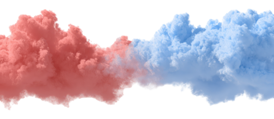Two opposing clouds of colored powder colliding isolated on transparent background